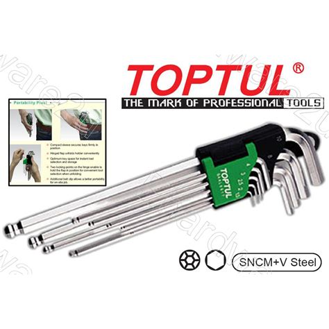 TOPTUL 9Pcs Extra Long Ball Point Hex Key Wrench Set 1 5mm 10mm