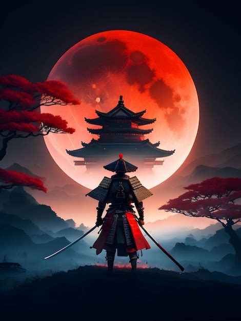 Premium Photo | A red moon is behind a samurai