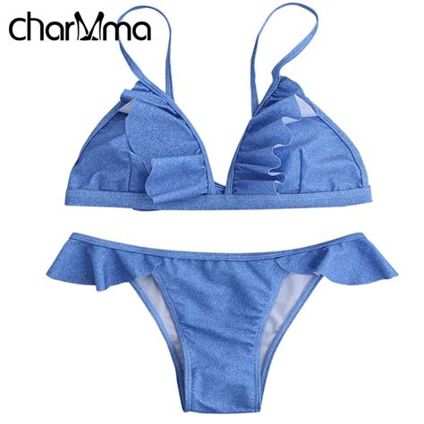 CHARMMA Frilly High Leg Blue Bikini Swimwear Female Swim Wear Maillot