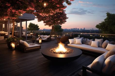 Premium Photo There Is A Fire Pit On A Deck With A View Of The City