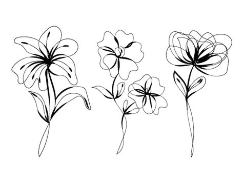 Tres Flores Dibujadas Sobre Un Fondo Blanco Con Un Contorno Negro Vector Premium