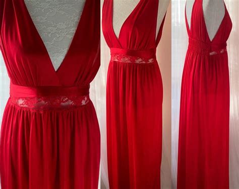 Vintage S Gilead Lingerie Red Nylon Nightgown Plunging Deep Etsy