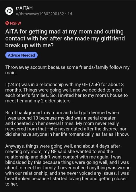 Aita For Getting Mad At My Mom And Cutting Contact With Her After She Made My Girlfriend Break