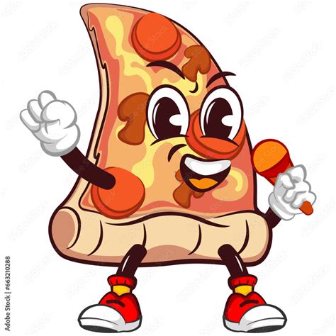 Cute Slice Of Pizza Character With Funny Face Mascot Singing Using Mic