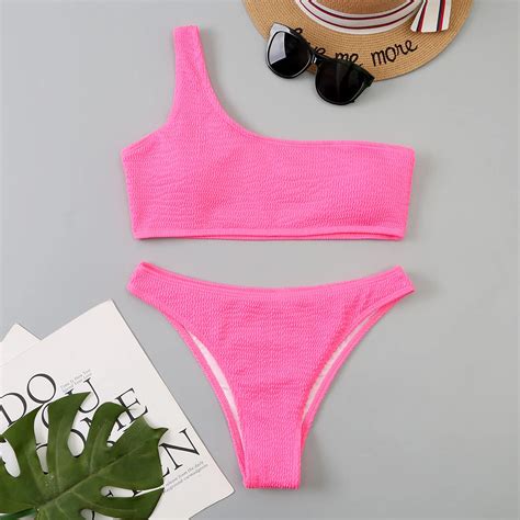 Asymmetrical Pink One Shoulder Ribbed Bikini Swimsuit On Luulla