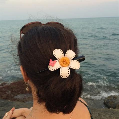 Flower Hair Clip White Leather Daisy Butterfly Leather Flowers