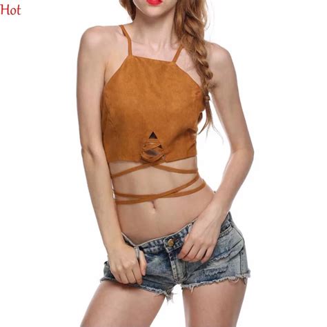 Hot Summer Style Sexy Lace Up Women Cropped Tanks Tops Vest Camis Sleeveless Suede Bodycon