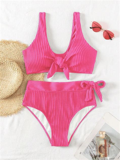 Ensemble De Bikini À Lacets Avant En Tissu De Texture De Couleur Unie Mode en ligne SHEIN FRANCE