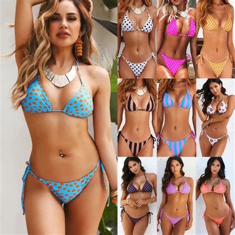 Sexy Women Brazilian Thong Bikini Multicolor Print Polka Dot Brown Two Piece Bathing Suit