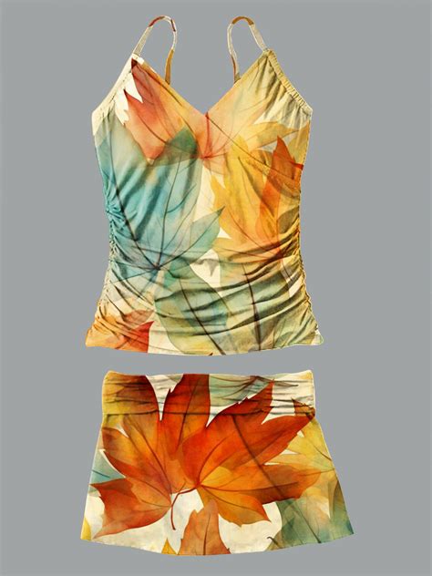 Maple Leaf Print Bikini V Neck Swimsuit