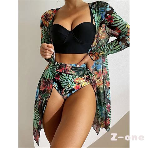 Tropical Print High Waist Bikini Sets Push Up Swimsuit For Women Sexy Three Pieces Swimwear
