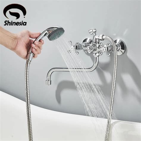 Shinesia Смеситель для ванной с душем, хромированный, двойная ручка ...