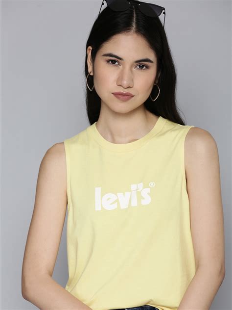 Buy Levis Women Yellow And White Brand Logo Printed Pure Cotton Slim Fit T Shirt Tshirts For