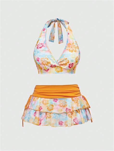 2pcsset Women Holiday Floral Print Sleeveless Crop Top And Mini Skirt