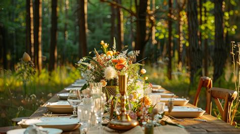 Enchanted Forest Wedding Table Set With Golden Lamp And Florals