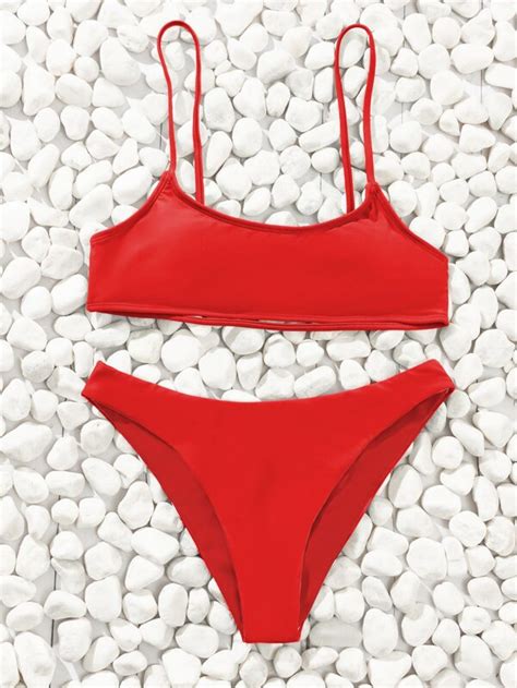 Shein Swim Basics Solid Bikini Set Cut Out Back Bra High Cut Bottom Piece Swimsuit Shein Uk