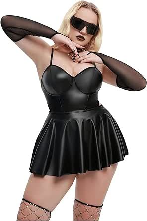 Wdirara Women S Plus Size Pu Leather Ruffle Hem Cut Out Babydoll Lingerie Dress With Oversleeves