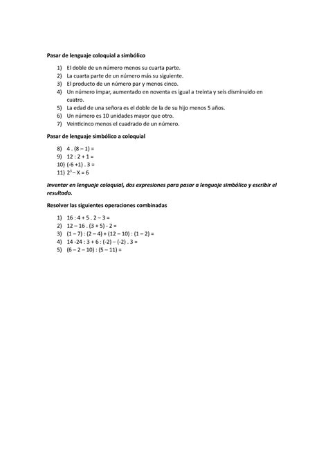 Ejercicios Matemática 5 grado de primaria Pasar de lenguaje