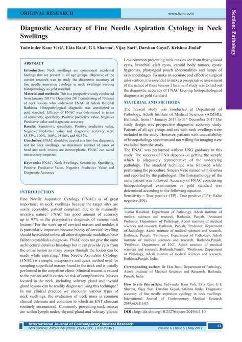 Pdf Diagnostic Accuracy Of Fine Needle Aspiration Cytology In Neck Swellings