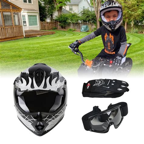 tcmt helmet  kids black skull  goggles  gloves dot youth
