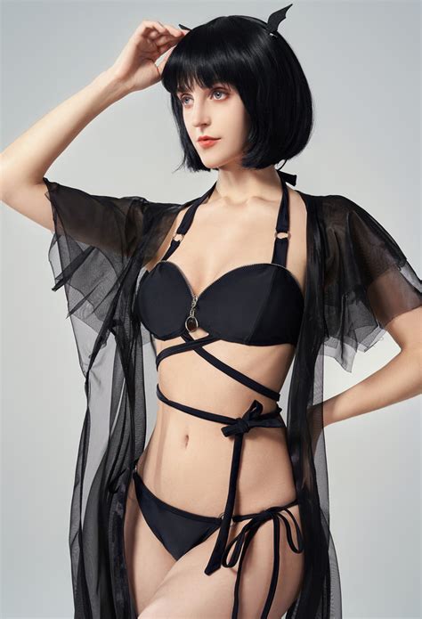 Bat Halter Bikini Set Gothic Swimwear Black Cross Strap Bathing Suit In Stock