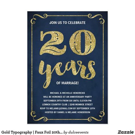 Gold Typography Faux Foil 20th Anniversary Invitation Zazzle