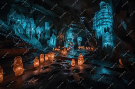 Premium Ai Image Frozen Cavern With Row Of Glowing Lanterns