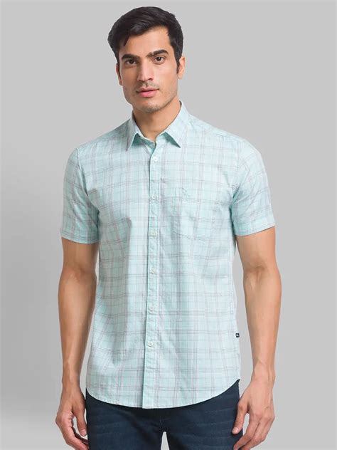 Men Green Slim Fit Checks Cotton Half Sleeve Shirts Myraymond