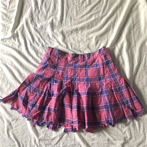💕 Pink And Blue Plaid Skirt With Tattered Edges Depop