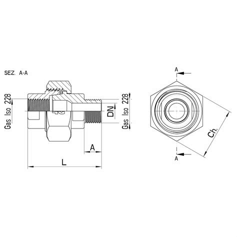 765860 Giunto Tre Pezzi Gas Iso 228 Maschiofemmina Tenuta Conica