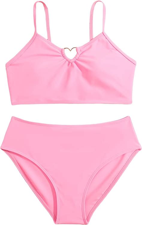 Amazon Shenhe Girl S Spaghetti Strap Heart Ring Piece Bikini Solid High Waist Swimsuits