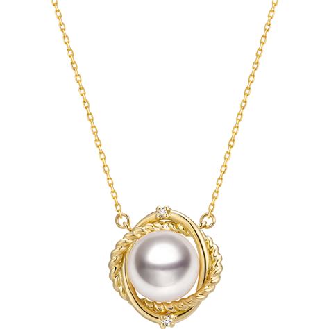 Akoya Pearl Necklace 18K Yellow Gold Diamond Knot Pendant Akoya Pearl