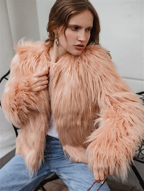 Nude Cropped Faux Fur Jacket Blush Fluffy Jacket Beige Etsy