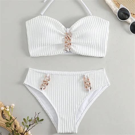 Conjunto De Bikini Sexy Para Mujer Traje De Ba O Blanco De Cintura Alta