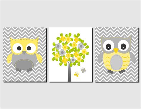 Owl Nursery Wall Art Kids Wall Art Yellow Grey Tree Owls