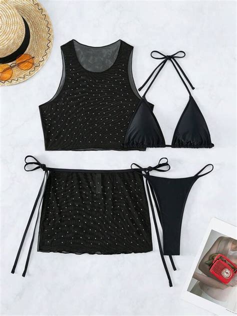 Shein Swim Sxy Rhinestone Studded Halter Triangle Bikini Swimsuit With Cover Up Set Shein