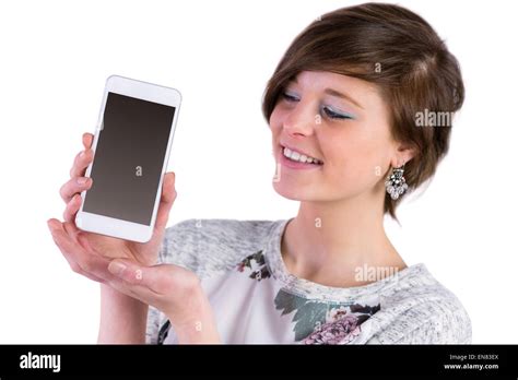 Pretty Brunette Showing Her Smartphone Stock Photo Alamy