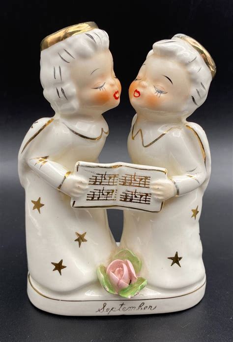 Vintage Napco Kissing Angels Songbook September Birthday Figurine Gold