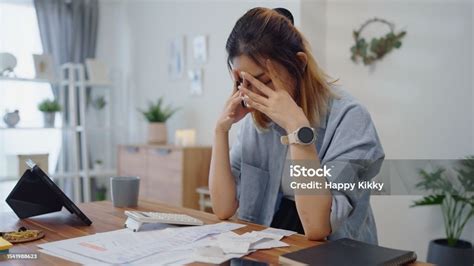 Struggle Woman Having Financial Problems Paychecks Paper Receipt Bill