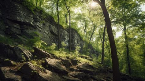 Premium Ai Image Tall Trees On Cliff With Dappled Sunlight