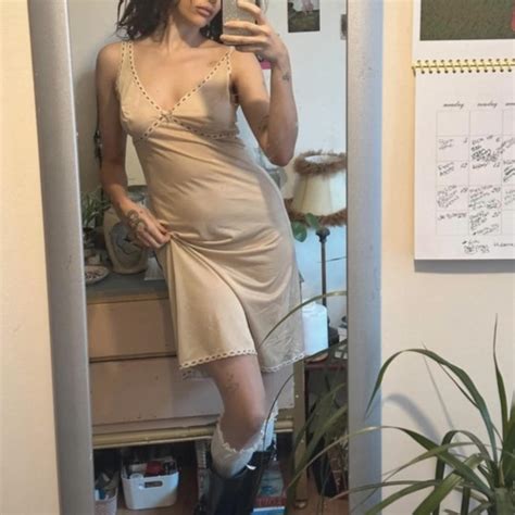 Vintage Nude And Lace Midi Slip Dress Can Be Worn Depop