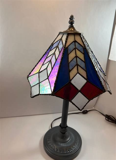 Tiffany Mission Style Vintage Stained Glass Electric Table Lamp And Shade Blue Cranberry Opal