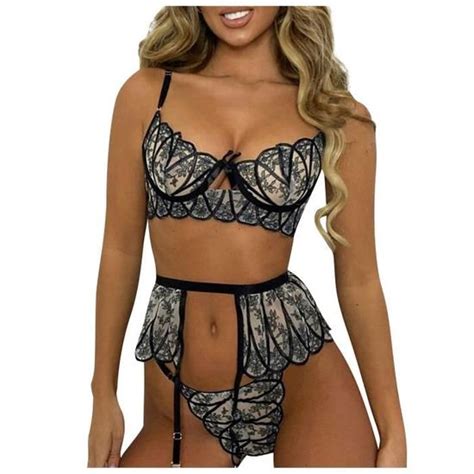 Ensemble Brassiere Et String Tanga Avec Porte Jarretelle Pyjama En Dentelle Satin Lingerie Femme