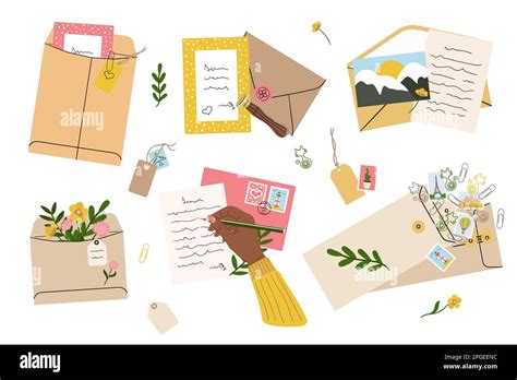 Flat Lay Illustration Of Envelopes Letters Postage Stamps Stationery