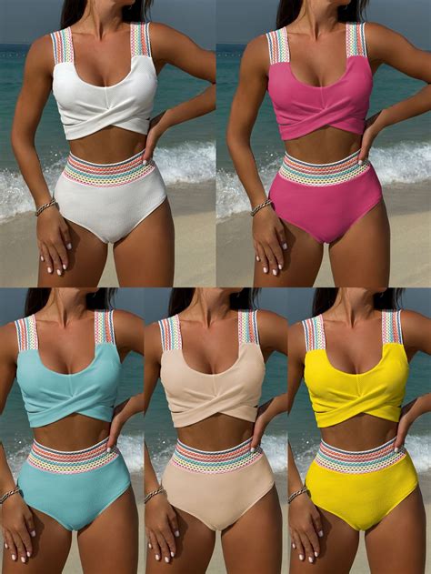 Woherb New Rainbow Woven Series High Waisted Split Swimsuit Bikini Bikini