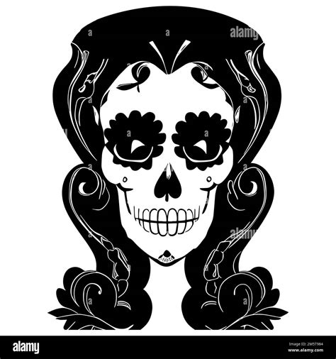 Feminine Vintage Sugar Skull Tattoo Hand Drawn Vector Black And White