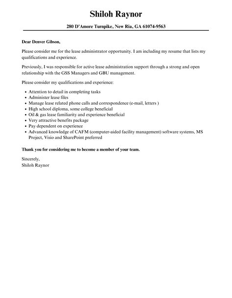 Lease Administrator Cover Letter Velvet Jobs