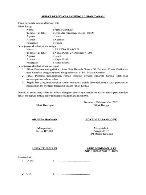 Surat Pernyataan Pengalihan Tanah Pdf