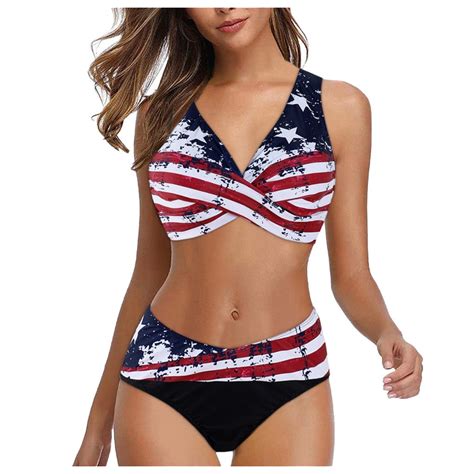 Fafwyp Independence Day Women Summer Fashion Padded Push Up Cross Front Bra Bikini Set Swimsuit