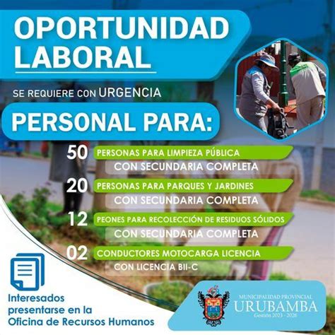 Oportunidad laboral Campañas Municipalidad Provincial de Urubamba